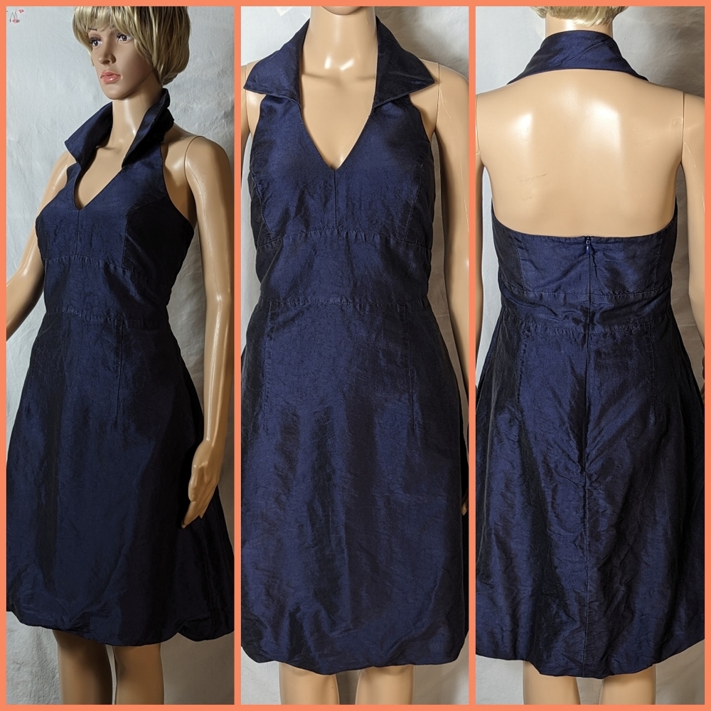 Coren Moore New York designer Silk Navy blue lined halter dress sz 8